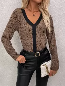 SHEIN Clasi 斑點印花拼接邊襯衫 - 摩卡棕 - 查看 3