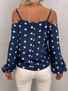 SHEIN Clasi 滿版心形印花挖肩燈籠袖襯衫 - 藏蓝色 - 查看 2