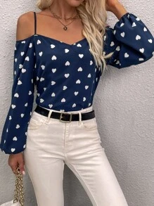 SHEIN Clasi 滿版心形印花挖肩燈籠袖襯衫 - 藏蓝色 - 查看 3