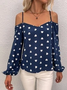 SHEIN Clasi 滿版心形印花挖肩燈籠袖襯衫 - 藏蓝色 - 查看 4