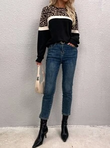 SHEIN LUNE Áo nỉ Khối màu Họa tiết da báo tương phản - Nhiều màu - Xem 4