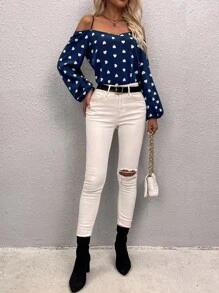 SHEIN Clasi 滿版心形印花挖肩燈籠袖襯衫 - 藏蓝色 - 查看 5