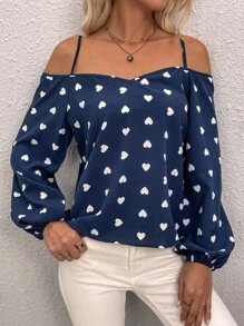 SHEIN Clasi 滿版心形印花挖肩燈籠袖襯衫 - 藏蓝色 - 查看 6