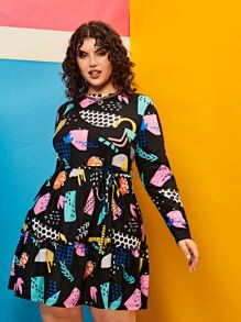 SHEIN Đầm Plus Size Thắt lưng viền lá sen Viên lá sen Tất cả trên in Boho - Nhiều màu - Xem 1