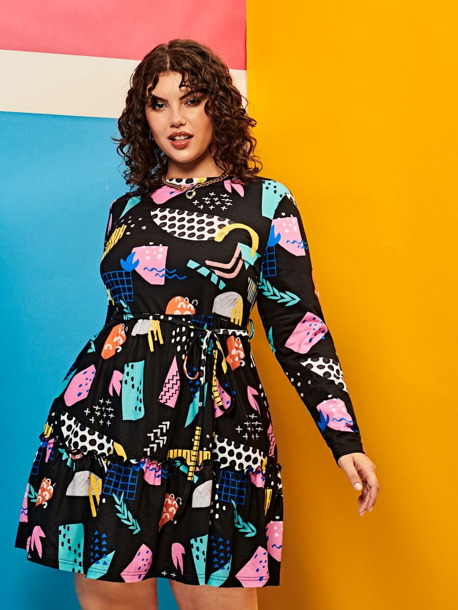 SHEIN Đầm Plus Size Thắt lưng viền lá sen Viên lá sen Tất cả trên in Boho - Nhiều màu - Xem 1