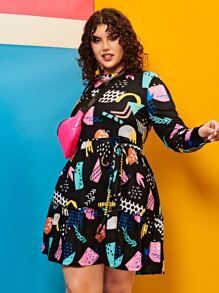 SHEIN Đầm Plus Size Thắt lưng viền lá sen Viên lá sen Tất cả trên in Boho - Nhiều màu - Xem 4