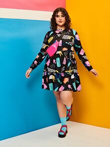 SHEIN Đầm Plus Size Thắt lưng viền lá sen Viên lá sen Tất cả trên in Boho - Nhiều màu - Xem 3