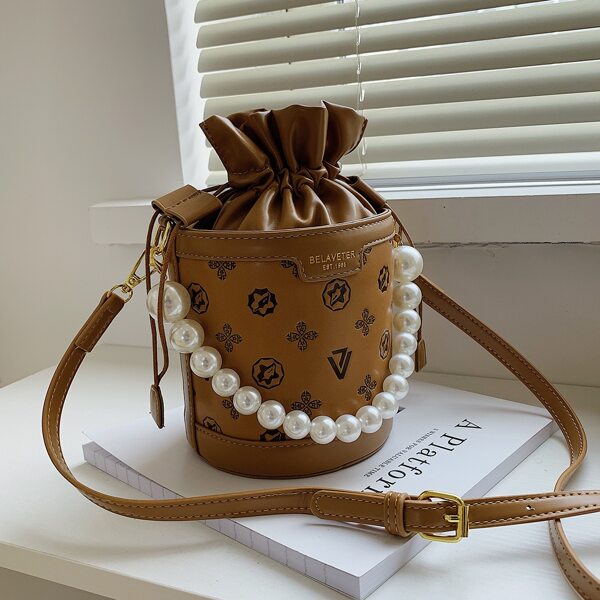 

Faux Pearl Decor Geo Graphic Bucket Bag, Brown