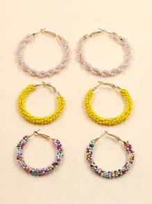 3對珠子裝飾圓耳環 - 彩色 - 查看 3