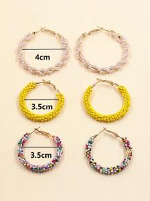3對珠子裝飾圓耳環 - 彩色 - 查看 4