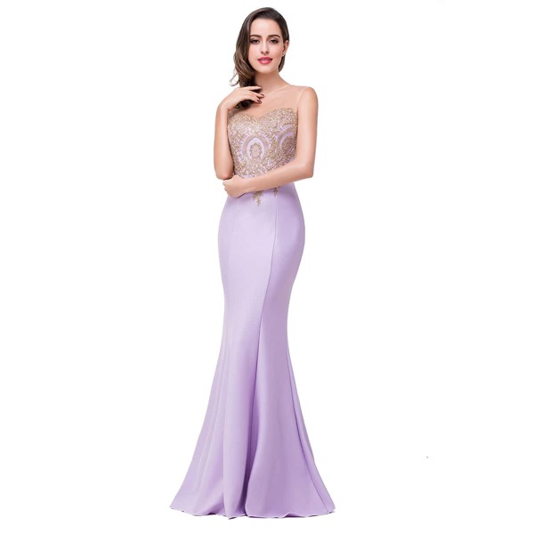 

Flower Embroidered Cut Out Back Mermaid Hem Bridesmaid Dress, Lilac purple