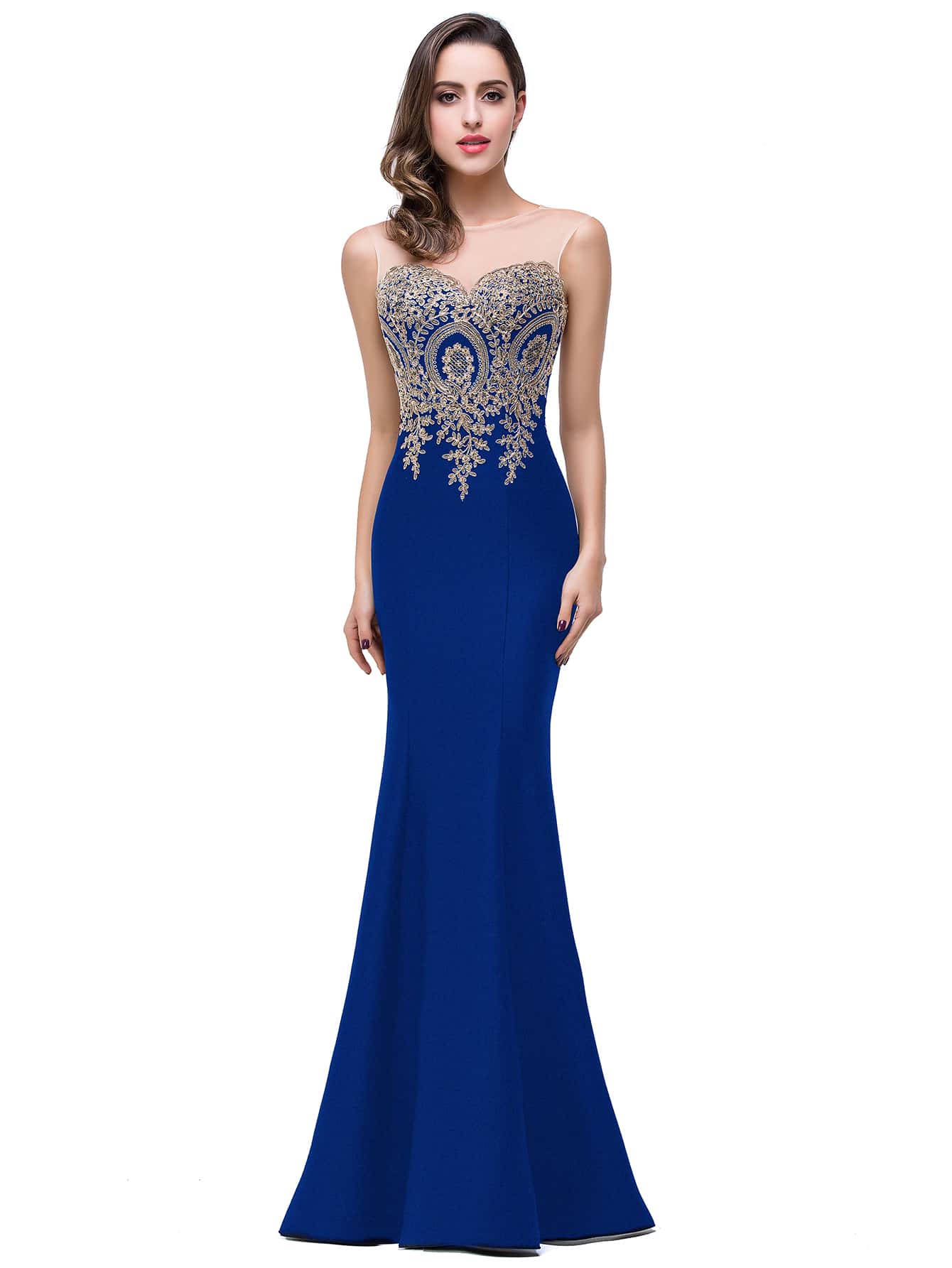 BABYONLINE D.R.E.S.S. Flower Embroidered Cut Out Back Mermaid Hem Dress, Elegant Formal Evening Prom Gown, For Wedding Guest, Graduation, Dinner - Royal Blue - View 1