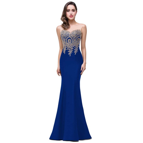 

Flower Embroidered Cut Out Back Mermaid Hem Bridesmaid Dress, Royal blue