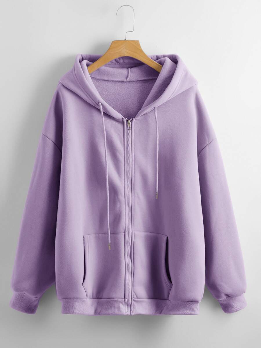 SHEIN LUNE Solid Zip Up Drawstring Hooded Sweatshirt Graduation,Back To School Outfits,Graduation,Teacher Outfits For Women,Back To School - Purple - View 1