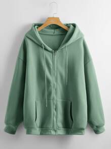 SHEIN LUNE Solid Zip Up Drawstring Hooded Sweatshirt - Green - View 1