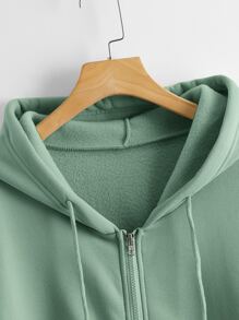 SHEIN LUNE Solid Zip Up Drawstring Hooded Sweatshirt - Green - View 4