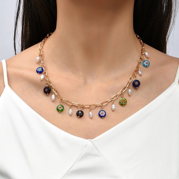 

Faux Pearl & Bead Charm Necklace, Multicolor