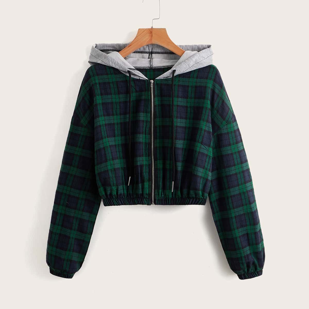 

Plaid Hooded Zip Up Crop Jacket, Multicolor
