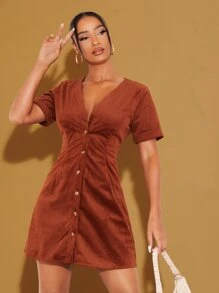 SHEIN Roll Up Sleeve Corduroy Dress
