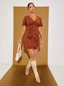SHEIN Roll Up Sleeve Corduroy Dress