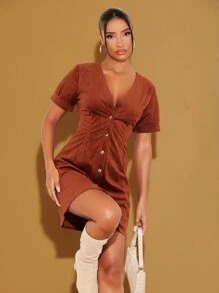 SHEIN Roll Up Sleeve Corduroy Dress