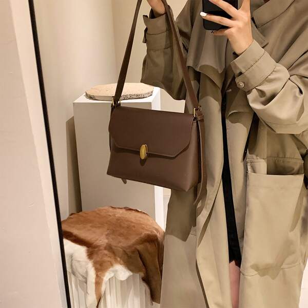 

Metal Decor Flap Square Bag, Coffee brown