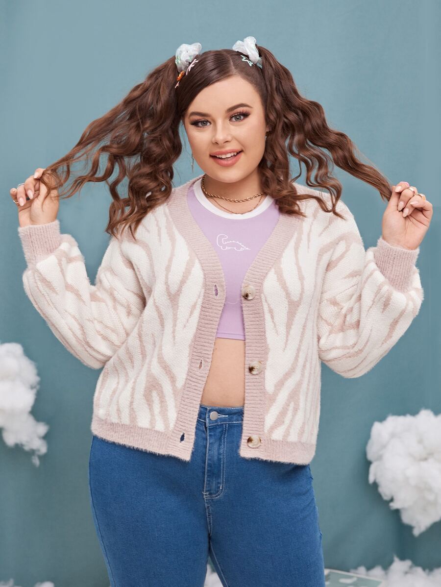 SHEIN Qutie 大碼斑馬紋圖案落肩袖開襟衫 - 彩色 - 查看 1