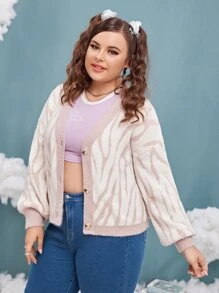 SHEIN Qutie 大碼斑馬紋圖案落肩袖開襟衫 - 彩色 - 查看 3