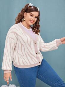 SHEIN Qutie 大碼斑馬紋圖案落肩袖開襟衫 - 彩色 - 查看 5