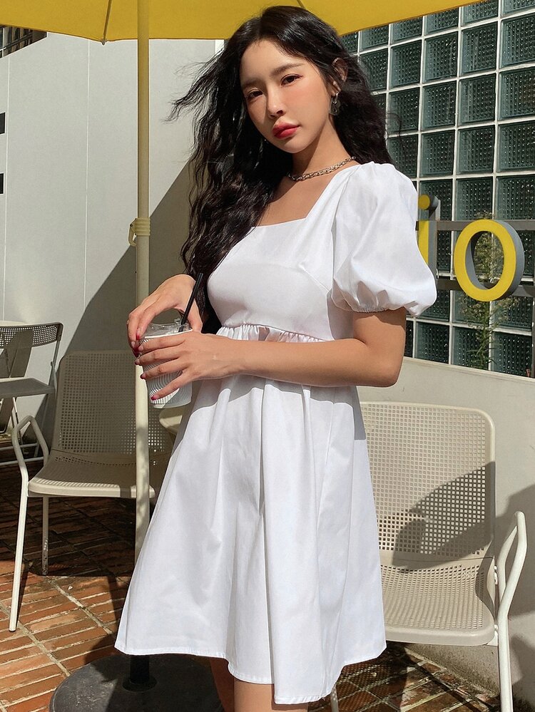 Solid Backless Knot Puff Sleeve Dress Prom Dress