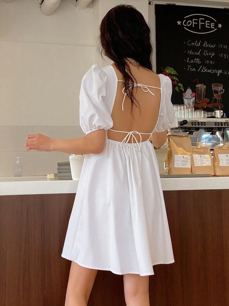 Solid Backless Knot Puff Sleeve Dress Prom Dress