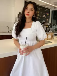 DAZY Vestido de fiesta con espalda descubierta, nudo, y mangas abullonadas - Blanco - Ver 3