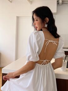 DAZY Vestido de fiesta con espalda descubierta, nudo, y mangas abullonadas - Blanco - Ver 4