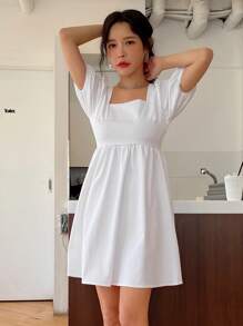 DAZY Vestido de fiesta con espalda descubierta, nudo, y mangas abullonadas - Blanco - Ver 5