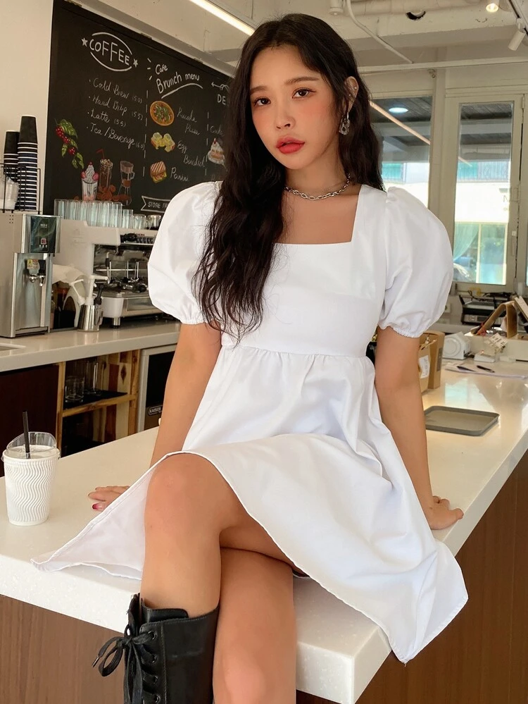 Solid Backless Knot Puff Sleeve Dress Prom Dress