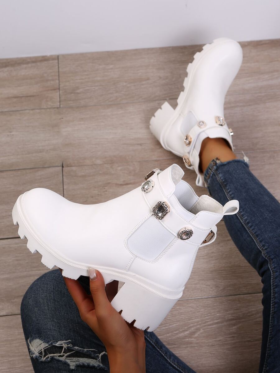 Women's Fashionable White Thick Boots With Jewel Embellishment - White - View 1