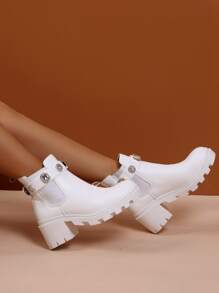 Women's Fashionable White Thick Boots With Jewel Embellishment - White - View 2