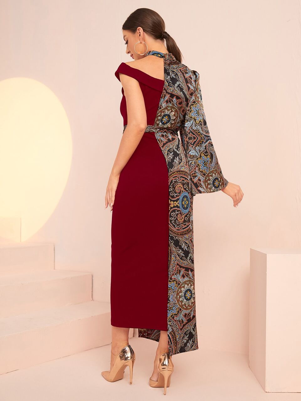 Graphic Print Asymmetrical Neck Belted 2 In 1 Dress