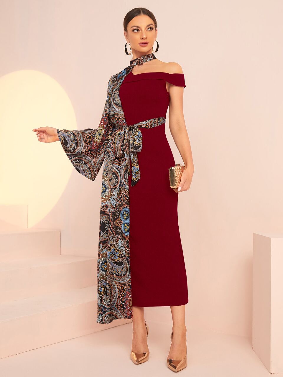 Graphic Print Asymmetrical Neck Belted 2 In 1 Dress