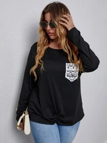 SHEIN Unity 加大花边贴花褶皱下摆 T 恤图案 T 恤女式上衣 - 黑色 - 查看 1