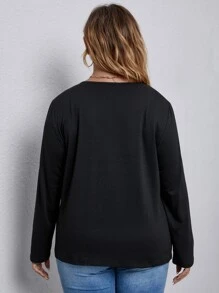 SHEIN Unity 加大花边贴花褶皱下摆 T 恤图案 T 恤女式上衣 - 黑色 - 查看 2