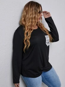 SHEIN Unity 加大花边贴花褶皱下摆 T 恤图案 T 恤女式上衣 - 黑色 - 查看 6