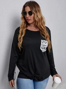 SHEIN Unity 加大花边贴花褶皱下摆 T 恤图案 T 恤女式上衣 - 黑色 - 查看 7