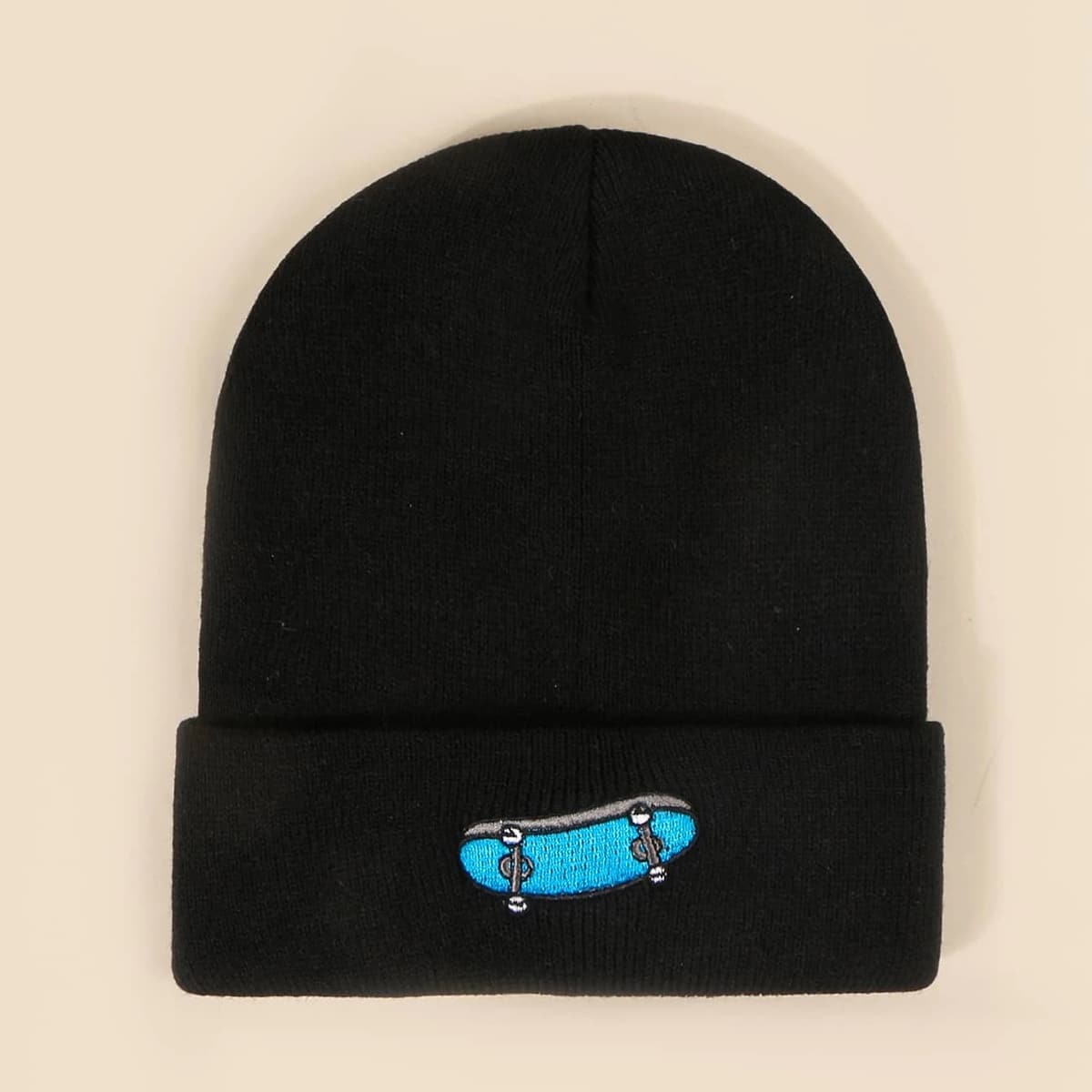 

Skateboard Embroidery Knit Beanie, Black