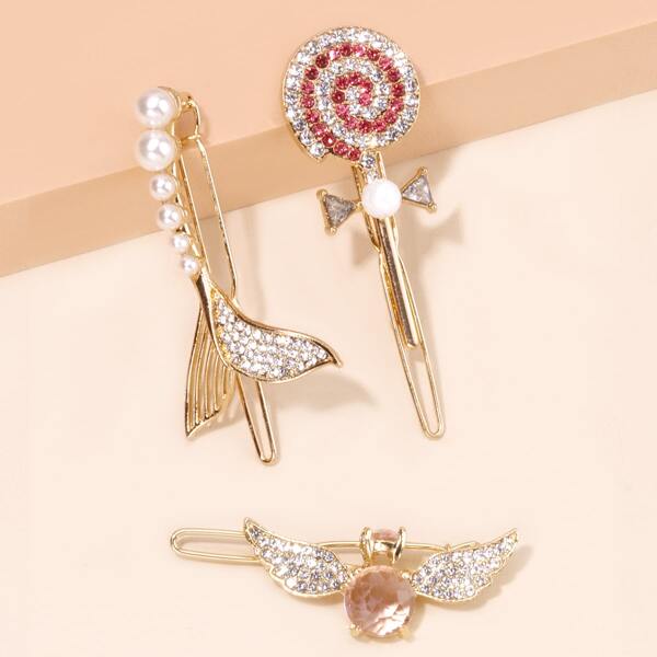 

3pcs Toddler Girls Rhinestone & Faux Pearl Decor Hair Clip, Multicolor
