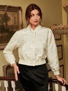 SHEIN Frenchy Cazadora tipo bomber jacquard con cremallera - Beis - Ver 4