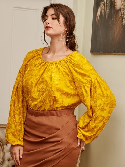 SHEIN Frenchy Plus Floral Jacquard Lantern Sleeve Tie Back Top