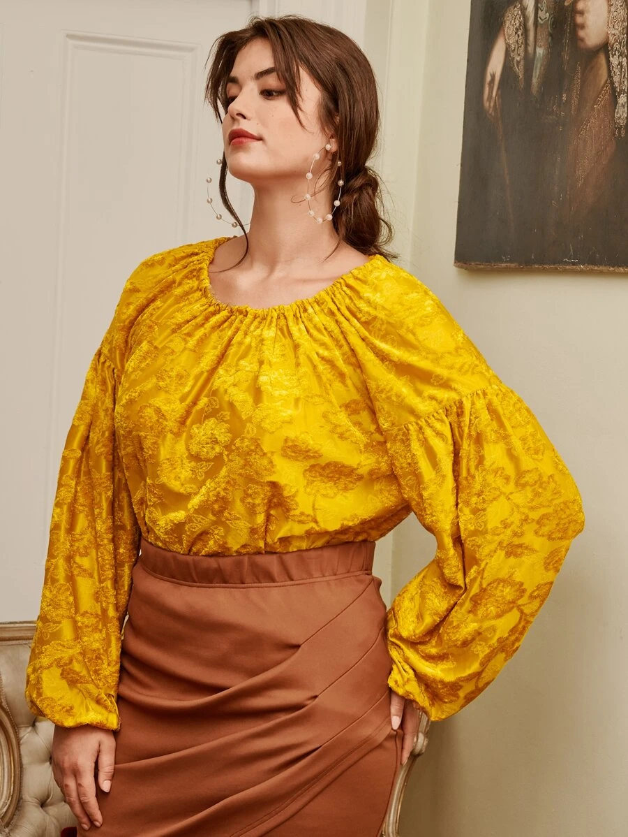 SHEIN Frenchy مقاس كبير ملابس علوية طباعة أزهار جاكار أكمام فانوس عقدة على الظهر - أصفر - مشاهدة 1