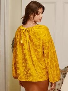 SHEIN Frenchy مقاس كبير ملابس علوية طباعة أزهار جاكار أكمام فانوس عقدة على الظهر - أصفر - مشاهدة 2