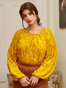 SHEIN Frenchy مقاس كبير ملابس علوية طباعة أزهار جاكار أكمام فانوس عقدة على الظهر - أصفر - مشاهدة 4